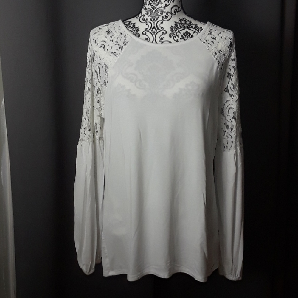 Michael Kors white long sleeve top with lace sz L